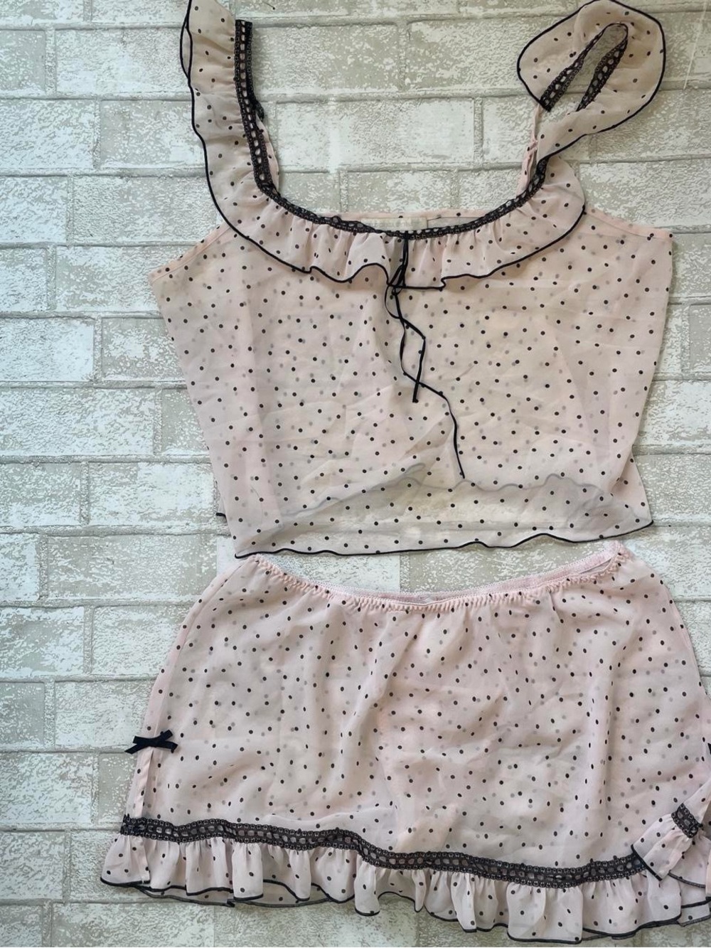 Vintage Y2K mcbling sheer baby pink black polkadot matching lingerie set